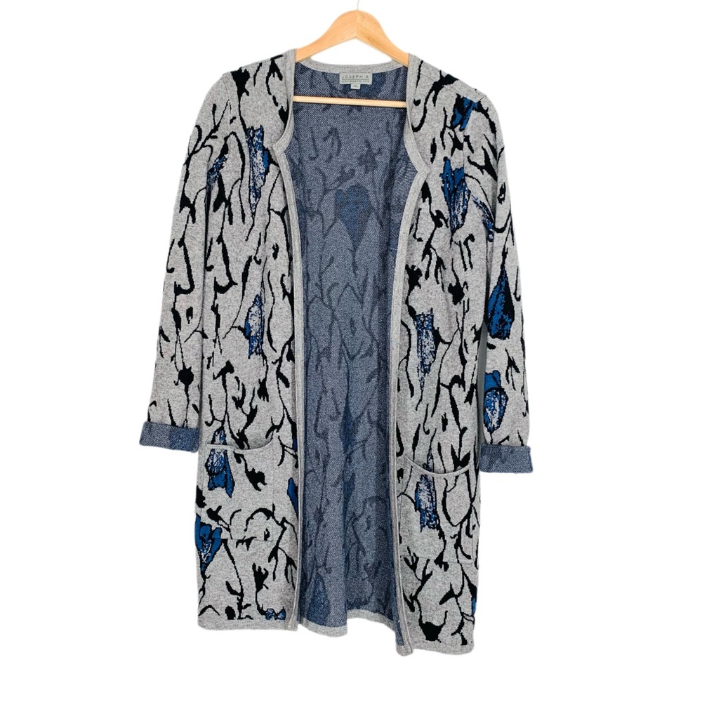 Joseph A Open Front Cardigan Gray Blue Black Longer Length Front Pockets Medium